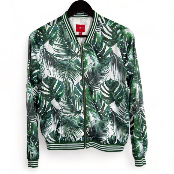 Guess Los Angeles Bomber Jacket Green Leaf Print, Sz S - Picture 1 of 11